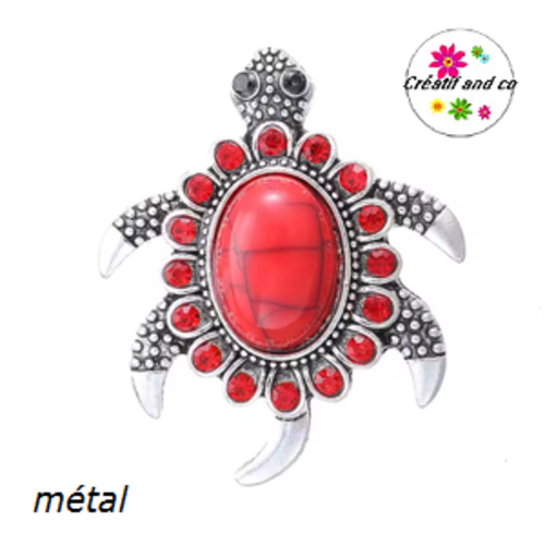 Bouton pression tortue cabochon rouge marbré et strass rouge