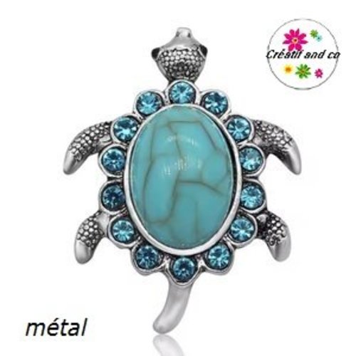 Bouton pression tortue cabochon turquoise marbré et strass turquoise