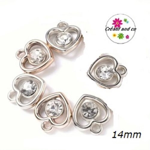 Pendentif coeur argenté et strass acrylique 14mm
