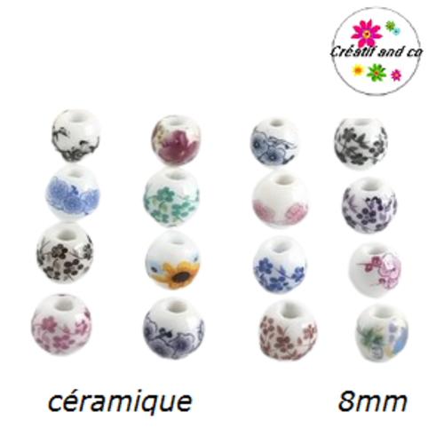 X10 perles rondes en céramique florales 8mm