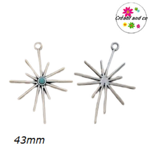 Grande breloque étoile argentée coeur turquoise 43mm