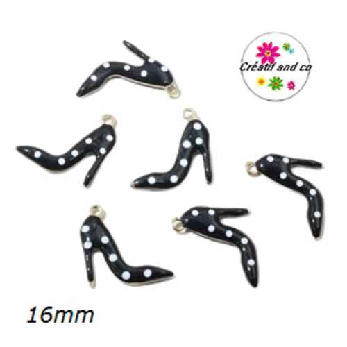Breloque escarpin talon haut noir pois blanc émail 16mm