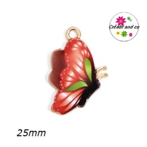 Breloque papillon doré et émail ton rouge 25mm