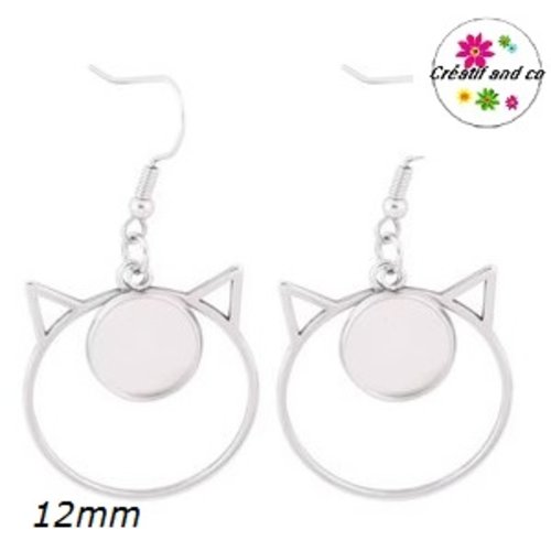 Boucle d'oreille tête de chat et support cabochon 12mm