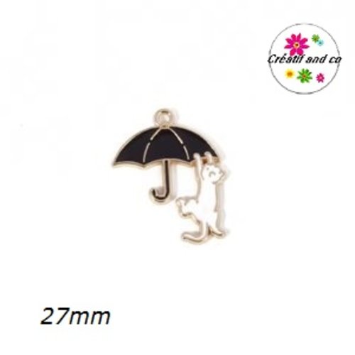 Breloque chat blanc suspendu parapluie noir émail 27mm