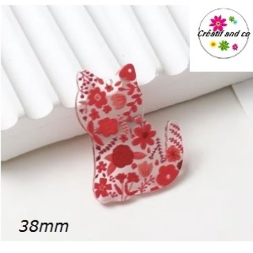 Pendentif chat transparent motif floral rouge 38mm