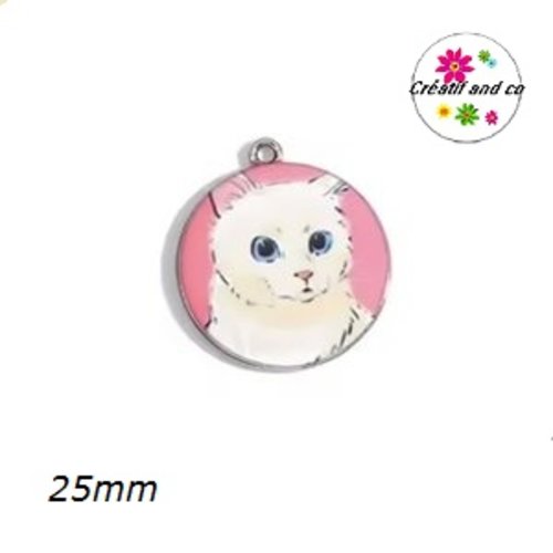 Breloque médaillon chat fond rose 25mm