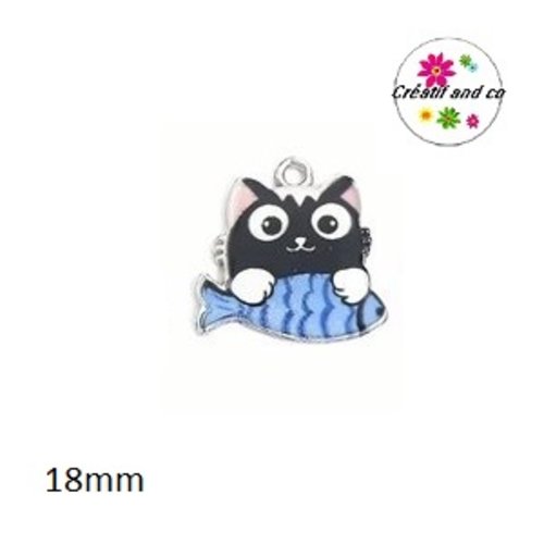 Breloque chat noir et son poisson bleu 18mm