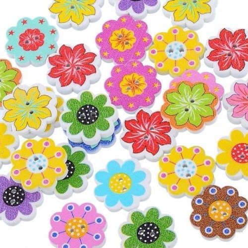 10 boutons en bois fleurs multi couleurs