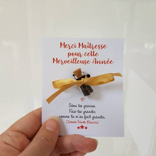 Cadeau maîtresse/ texte personnalisable / fiole graines d'ipomée
