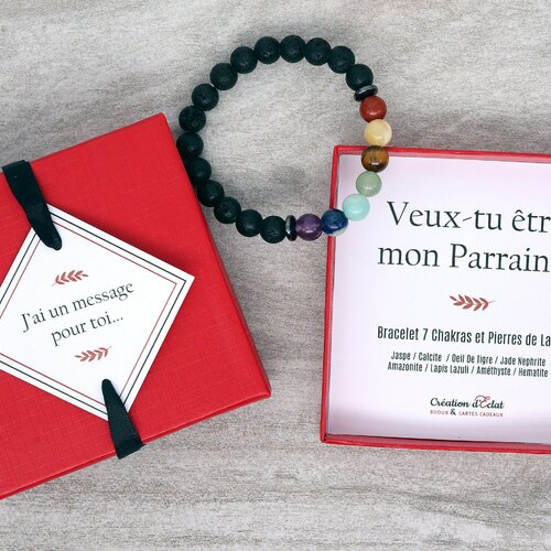 Bracelet et boite cadeau pour un futur parrain contenant un bracelet 7 chakras et des pierres de laves