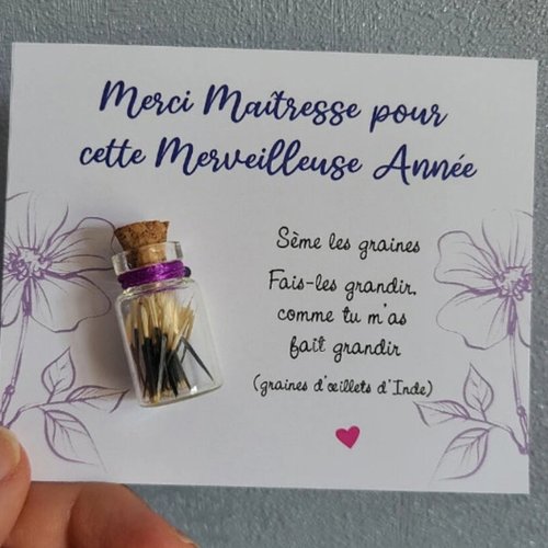 Merci maitresse cadeau texte personnalisable / fiole graines œillets d'inde