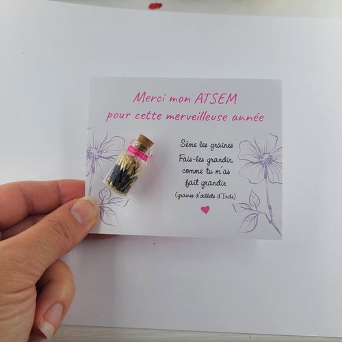 Merci atsem cadeau texte personnalisable / fiole graines œillets d'inde