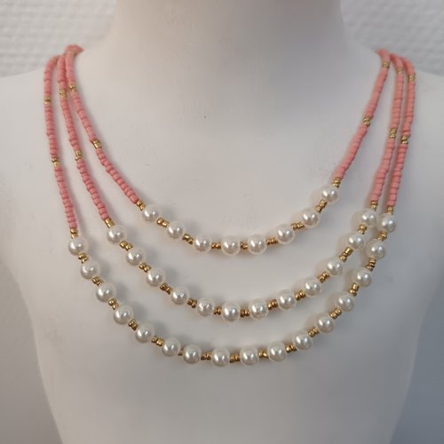 Collier 3 rangs perles blanches dorées corail – fait main – bijou élégant et unique