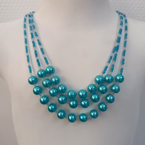 Collier 3 rangs perles bleues transparentes – fait main – bijou élégant et unique