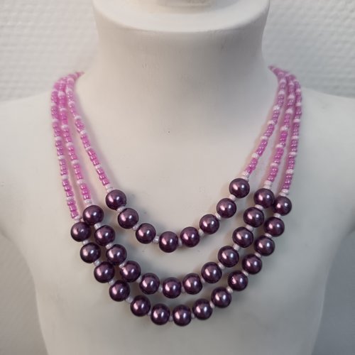 Collier 3 rangs perles roses violettes – fait main – bijou élégant et unique