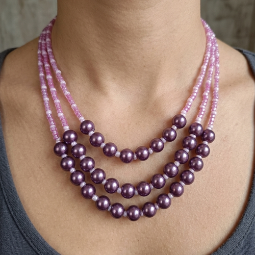 Collier 3 rangs perles roses violettes – fait main – bijou élégant et unique