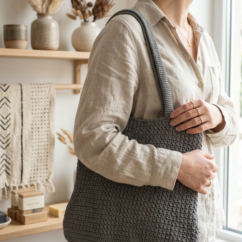 Sac cabas crochet coton gris, sac fourre-tout tout fait main – tote bag bohème durable, bouton magnétique