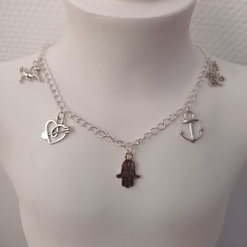 Collier à breloques fait main – ange, ancre, cœur & main de fatma – bijou artisanal neuf