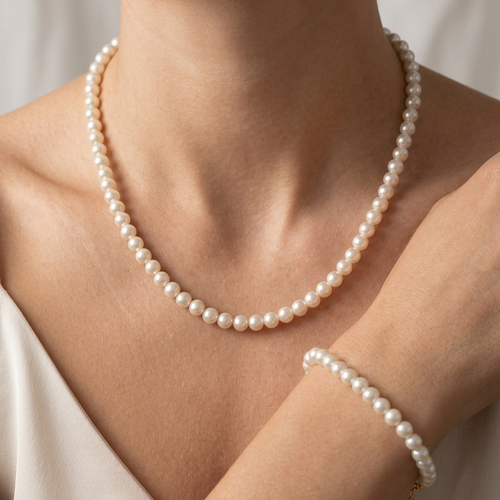 Parure  bijoux perles blanches nacrées fait main, collier et bracelet, création artisanale