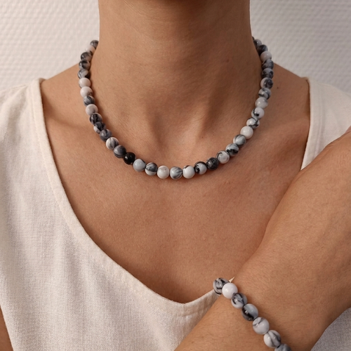 Parure bijoux perles grises marbrées fait main, collier et bracelet gris marbré, création artisanale