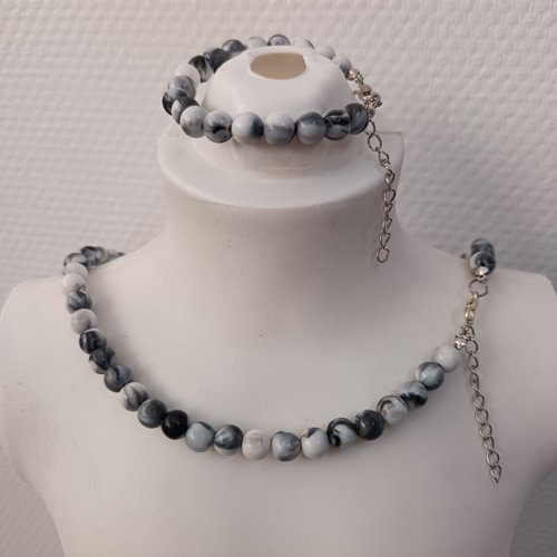 Parure bijoux perles grises marbrées fait main, collier et bracelet gris marbré, création artisanale
