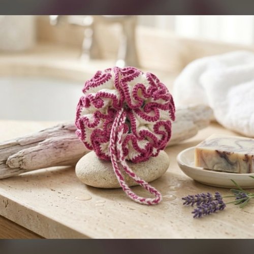 Fleur de douche au crochet fait main, éponge écologique réutilisable, accessoire bain zéro déchet