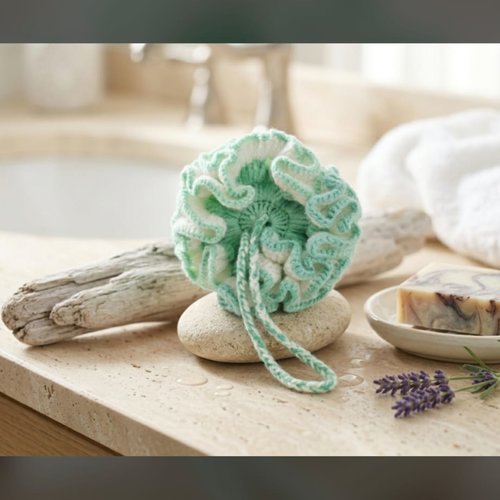 Fleur de douche au crochet fait main, éponge écologique réutilisable, accessoire bain zéro déchet