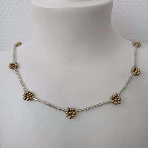 Collier ras du cou en perles marguerites, argenté doré fait main neuf, idée cadeau femme