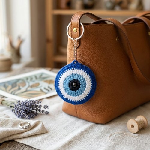 Porte-clés mauvaise œil au crochet perle noir fait main, accessoire original, idée cadeau unique