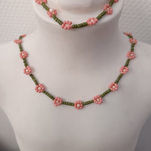 Parure bijoux perles marguerite fleur fait main, collier et bracelet délicat vert et rose, création artisanale