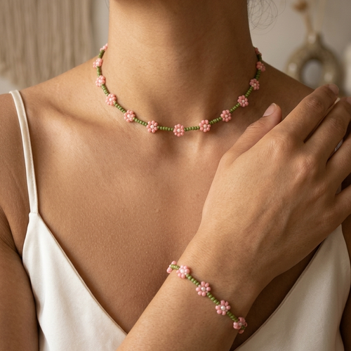 Parure bijoux perles marguerite fleur fait main, collier et bracelet délicat vert et rose, création artisanale