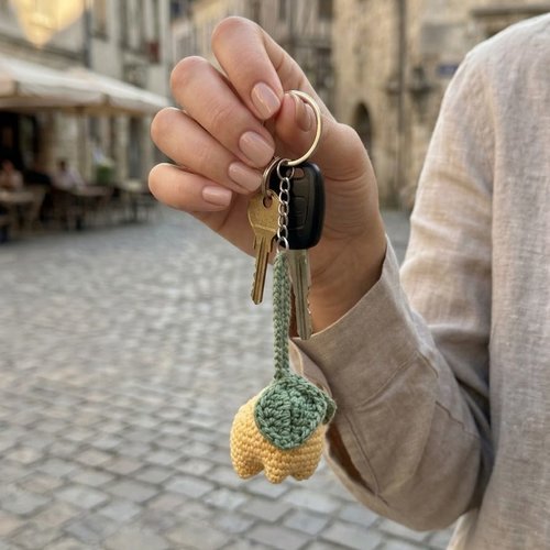 Porte clés tulipe au crochet, accessoire sac, déco rétroviseur