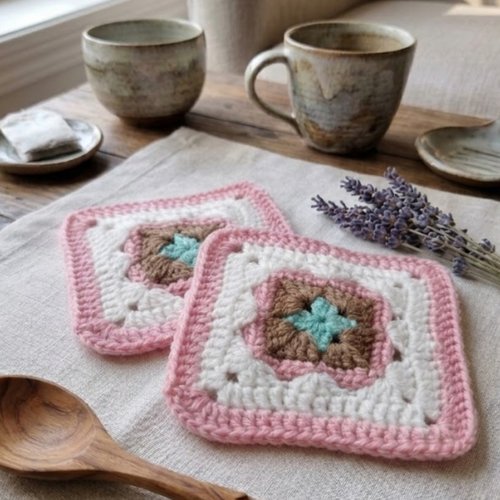 Sous-tasse granny crochet fait main, lot de 2 motifs verre tasse, décoration bohème artisanale
