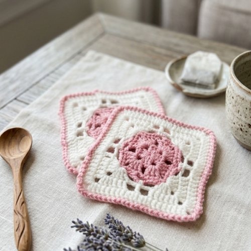 Sous-tasse granny crochet fait main, lot de 2 motifs verre tasse, décoration bohème artisanale
