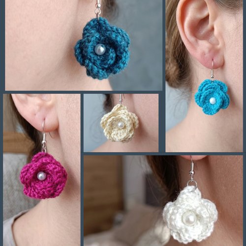 Boucles d’oreilles fleurs au crochet avec perle, fait main, couleur au choix