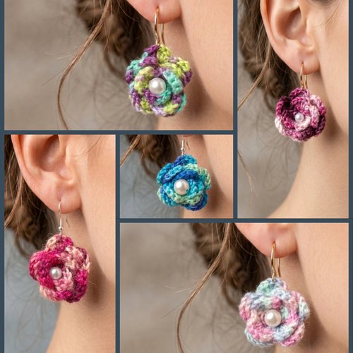 Boucles d'oreilles fleur au crochet en fil dégradé avec perle centrale, fait main, couleur au choix, vendues par paire
