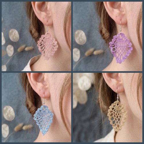 Boucles d'oreilles dentelle au crochet faites main, fil polyester, légères, couleur au choix, vendues par paire