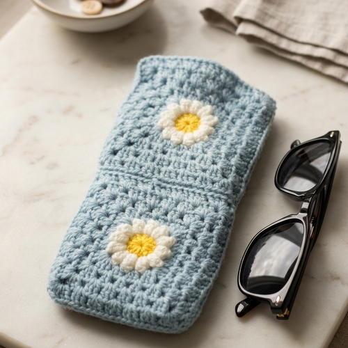 Étui à lunettes crochet granny fait main, pochette lunettes bleu turquoise fleurs, fermeture bouton magnétique, cadeau artisanal