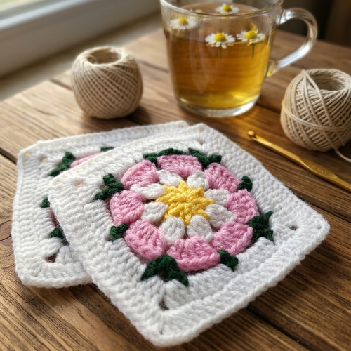 Sous-tasse granny crochet fait main, lot de 2 motifs verre / tasse, décoration bohème artisanale
