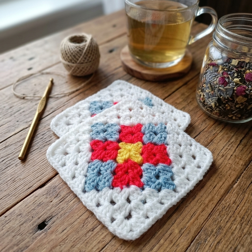 Sous-tasse granny crochet fait main, lot de 2 motifs verre / tasse, décoration bohème artisanale
