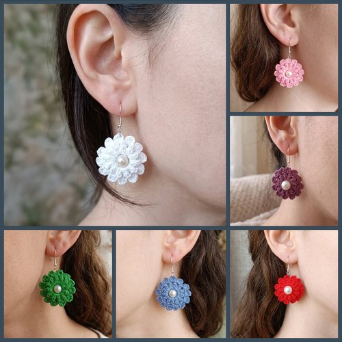 Boucles d’oreilles crochet perle fait main, légères, boucles fleurs, couleur au choix, idée cadeau