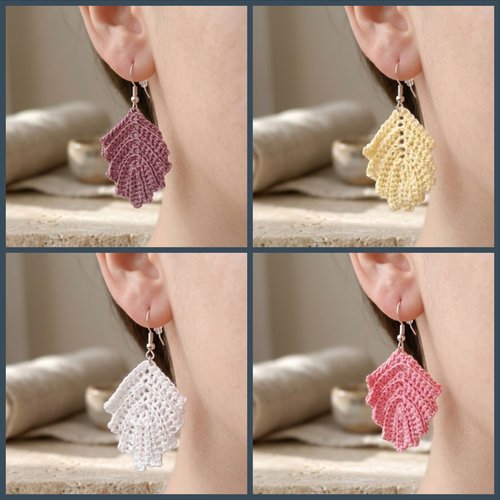 Boucles d'oreilles feuille au crochet en coton, couleur au choix, bijou fait main, vendues par paire, création artisanale