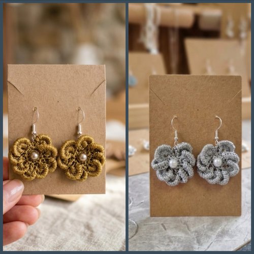 Boucles d’oreilles crochet fleur au crochet, fil doré ou argenté, perle centrale, fait main