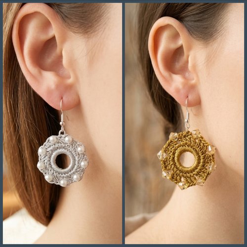 Boucles d'oreilles crochet cercle en fil argente doré et perles blanches et transparentes, fait main élégant et raffine