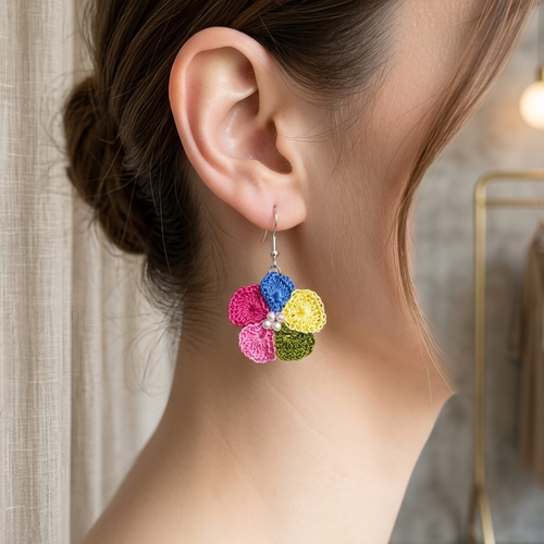 Boucles d’oreilles crochet fleurs colorées en fil nylon avec perles, bijoux faits main légers et originaux