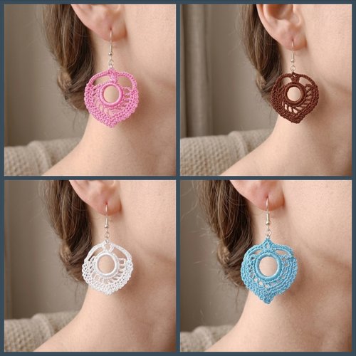 Boucles d’oreilles crochet fait main, fil nylon, légères, couleur au choix, style bohème chic