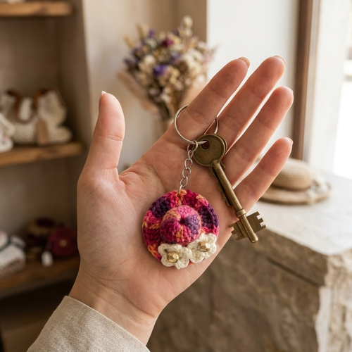 Porte-clés chapeau au crochet fait main, accessoire original rose dégradé, fleur perle, idée cadeau unique