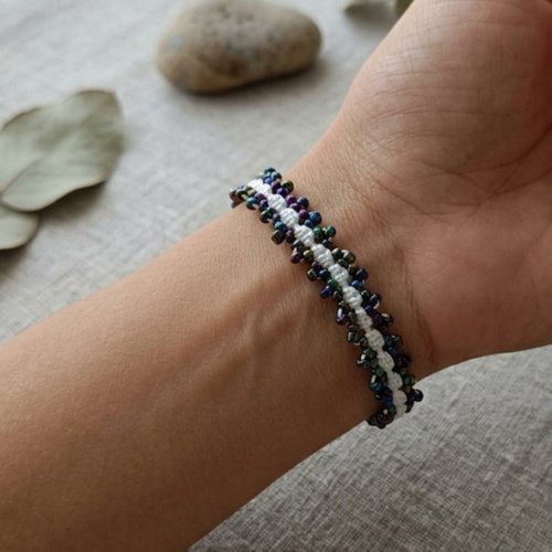 Bracelet macramé perles bleues dégradées, cordon coulissant ajustable, fait main artisanal
