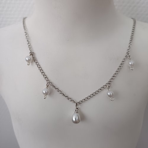 Collier à chaîne en acier inoxydable, collier mi long, accessoire bijou pour femme, collier à perles de larme et blanches